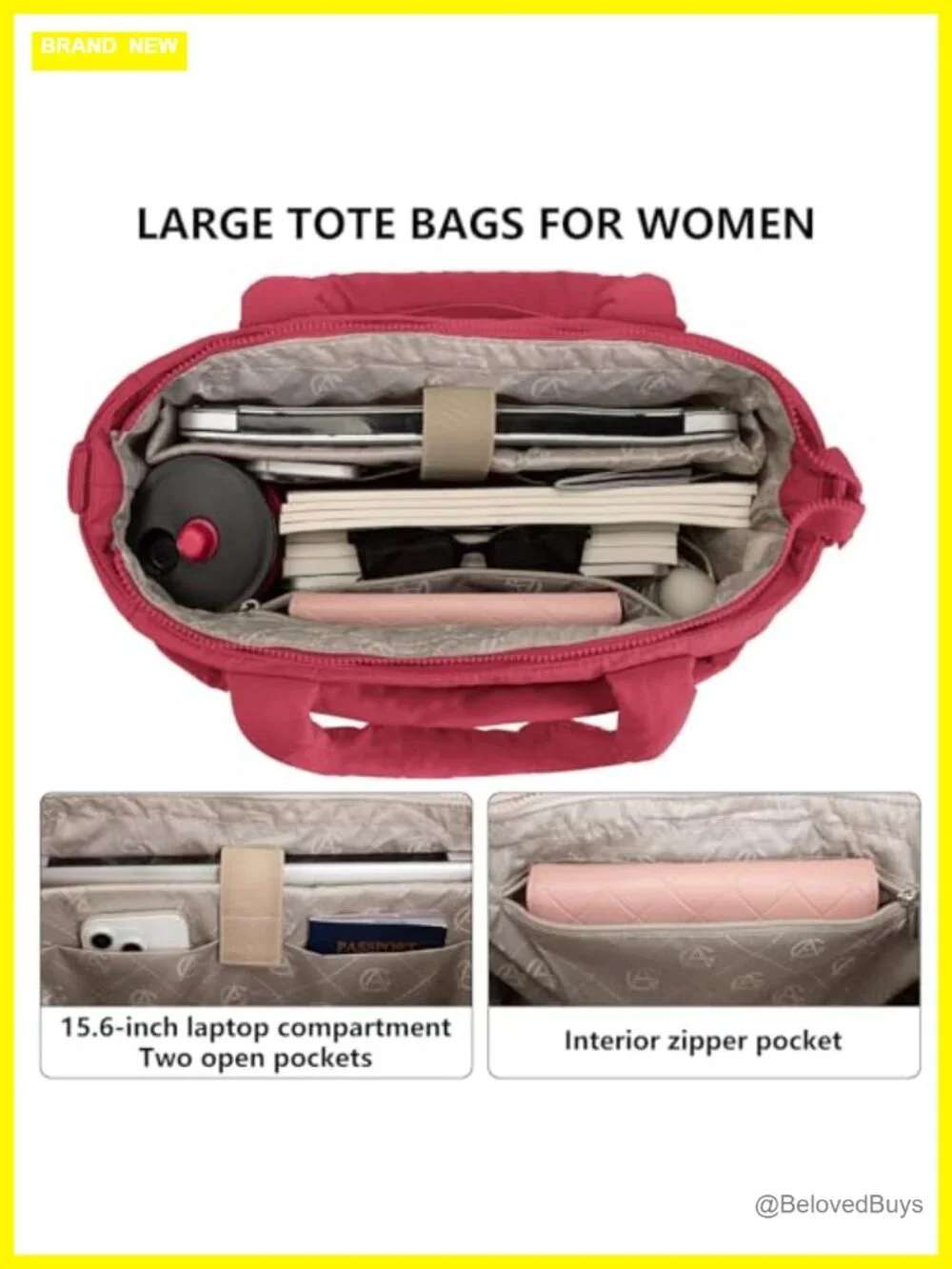 Quilted Puffer Tote Bag with 40oz Tumbler Holder Lightweight Water-Resistant